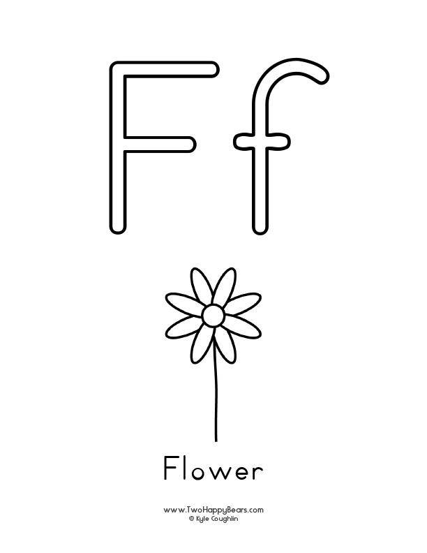 Free printable PDFs to color an uppercase and lowercase letter and simple pictures like a flower.