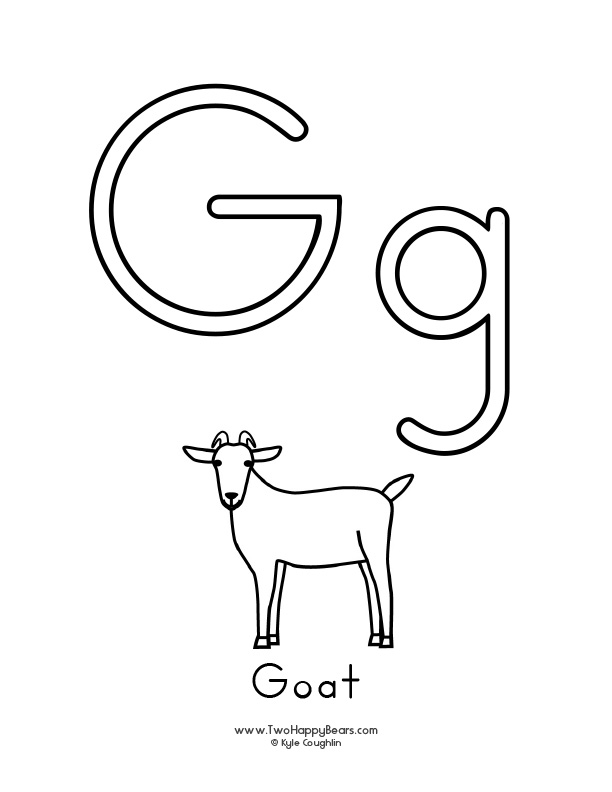 Coloring page of an uppercase and lowercase letter G and a goat.