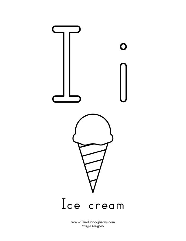 Free printable PDFs to color an uppercase and lowercase letter and simple pictures like ice cream.