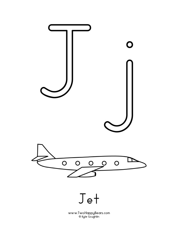 Coloring page of an uppercase and lowercase letter J and a jet.