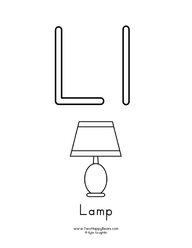 Coloring page of an uppercase and lowercase letter L and a lamp.