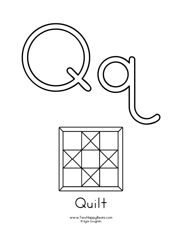 Free printable coloring page for the letter Q, with upper and lower case letters and a picture of a quilt to color.