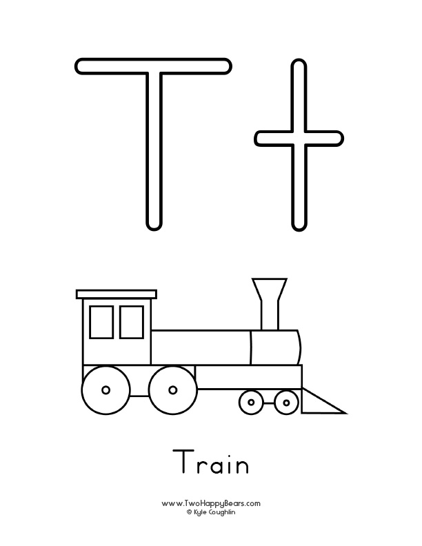 Free printable coloring page for the letter T, with upper and lower case letters and a picture of a train to color.