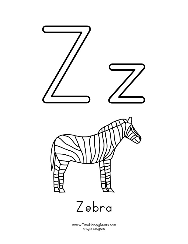 Free printable coloring page for the letter Z, with upper and lower case letters and a picture of a zebra to color.