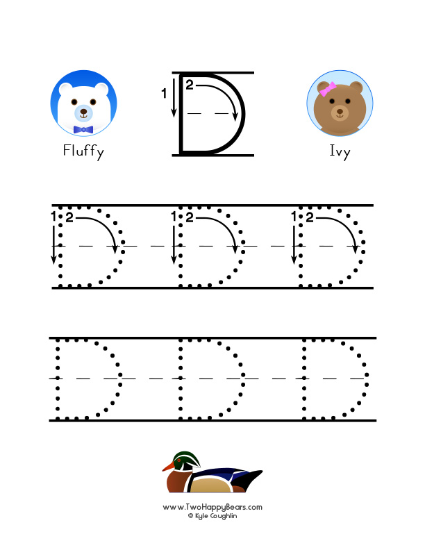 Free printable PDF with large uppercase letter D to trace, with guided arrows and numbers.