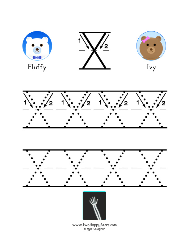 Free printable PDF with large uppercase letter X to trace, with guided arrows and numbers.