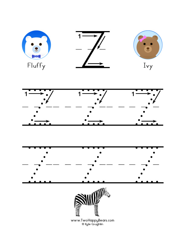 How to write the letter Z, with large images to trace for practice, in free printable PDF format.