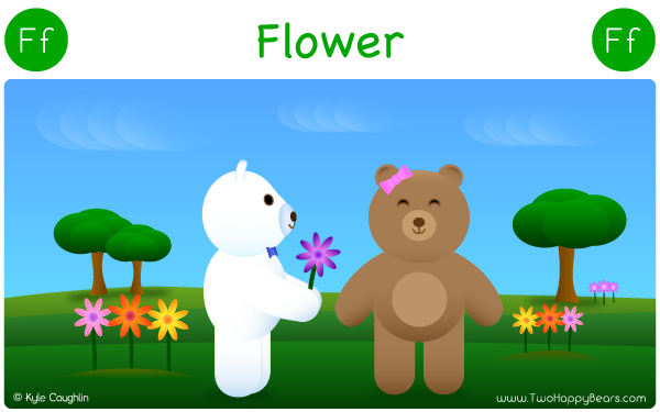 The Two Happy Bears pick flowers while learning the letters of the alphabet.