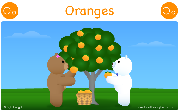 The Two Happy Bears pick oranges while learning the letters of the alphabet.