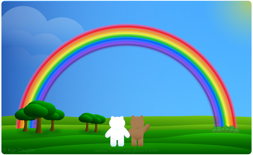 Learn the letter R. The Two Happy Bears are watching a rainbow. Rainbow begins with the letter R.