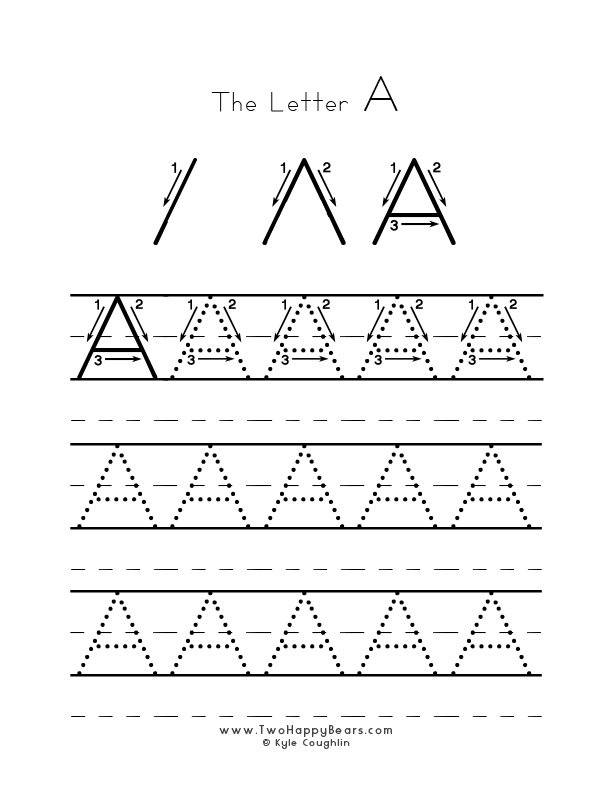 Several guided examples of the letter A in uppercase to trace for practice.