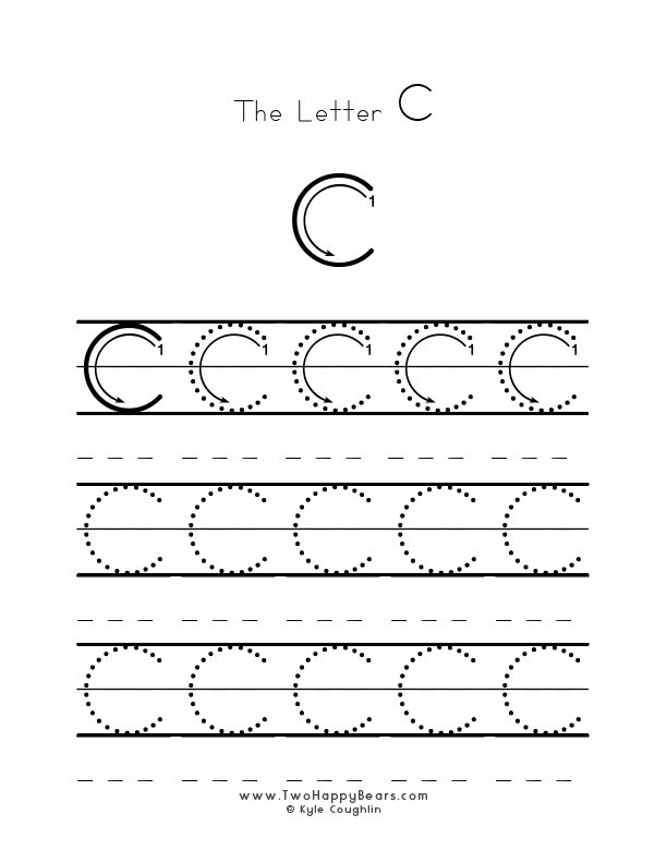 Several guided examples of the letter C in uppercase to trace for practice.