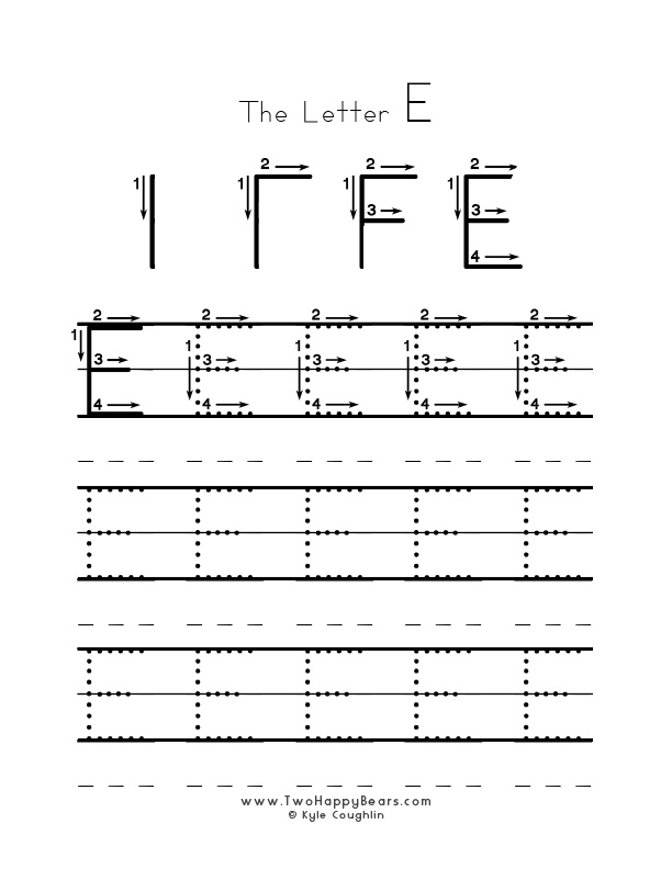 Several guided examples of the letter E in uppercase to trace for practice.