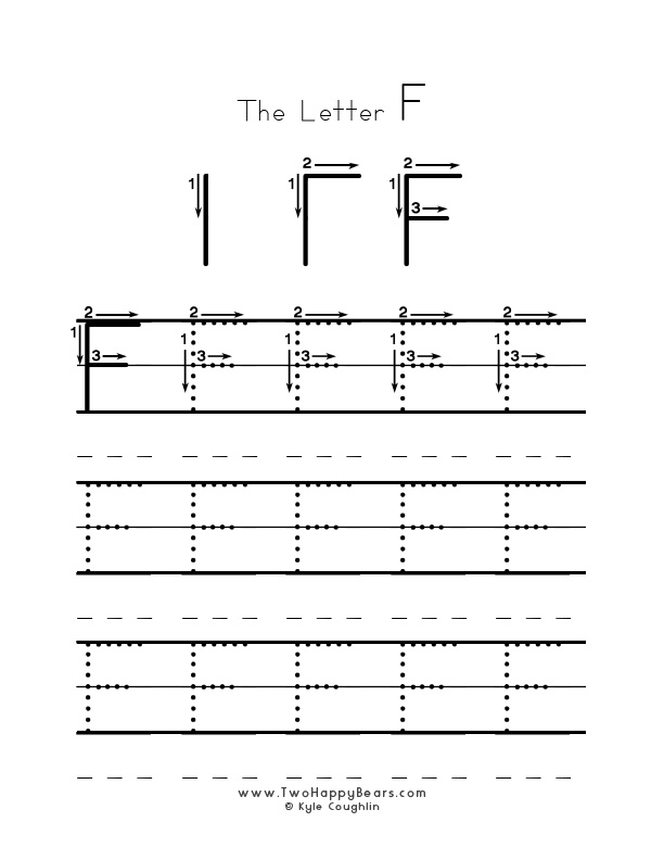 Several guided examples of the letter F in uppercase to trace for practice.