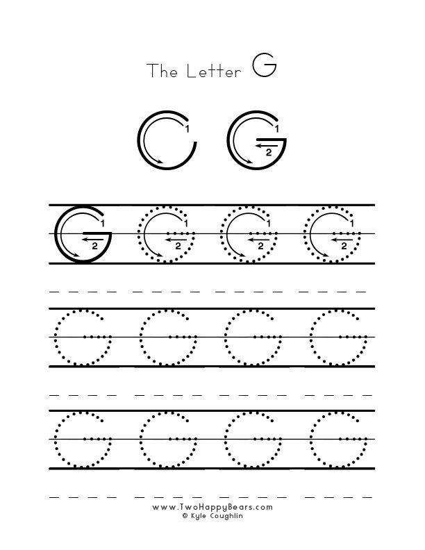 Several guided examples of the letter G in uppercase to trace for practice.