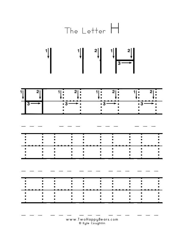 Several guided examples of the letter H in uppercase to trace for practice.