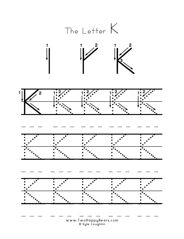 Several guided examples of the letter K in uppercase to trace for practice.