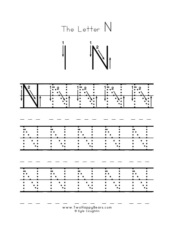 Several guided examples of the letter N in uppercase to trace for practice.