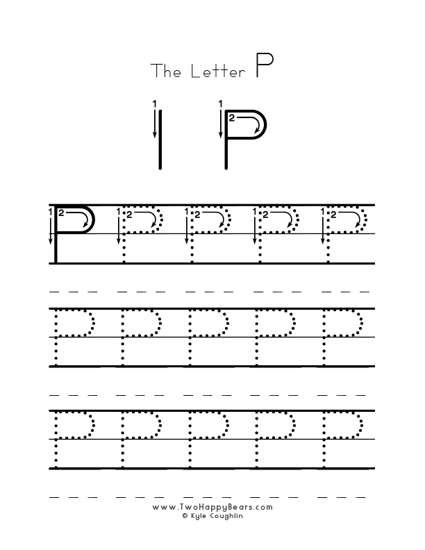 Practice worksheet for writing the letter P, upper case, with several connect the dots examples to trace, in free printable PDF format.