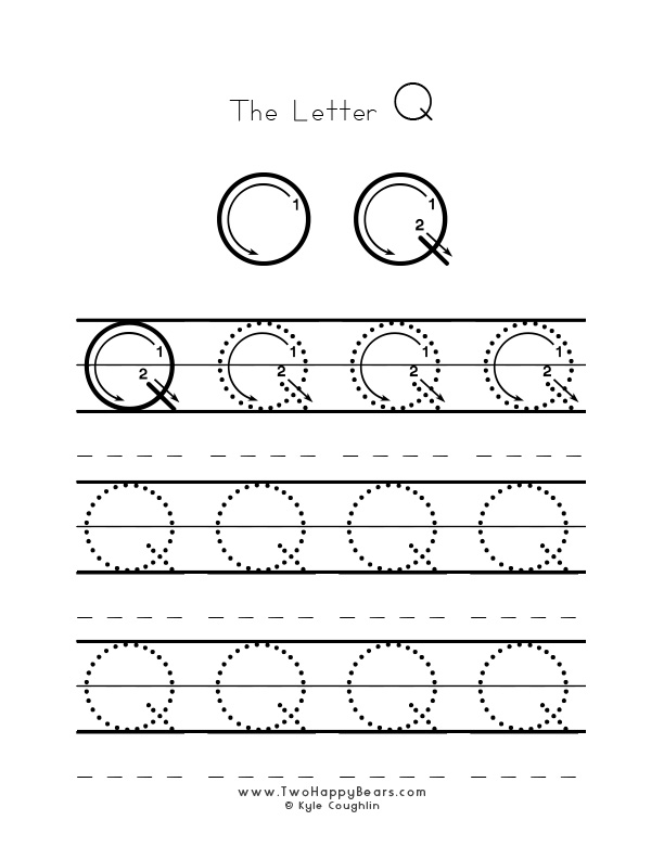 Practice worksheet for writing the letter Q, upper case, with several connect the dots examples to trace, in free printable PDF format.
