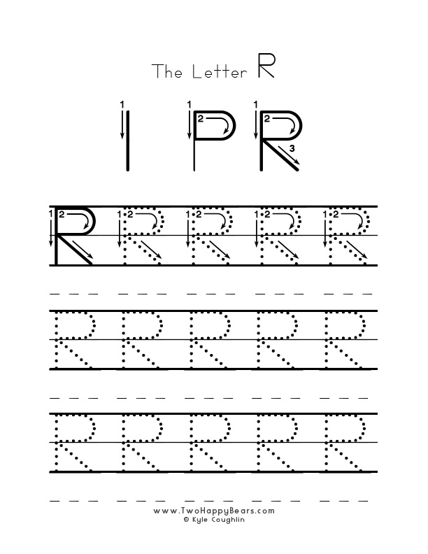 Several guided examples of the letter R in uppercase to trace for practice.