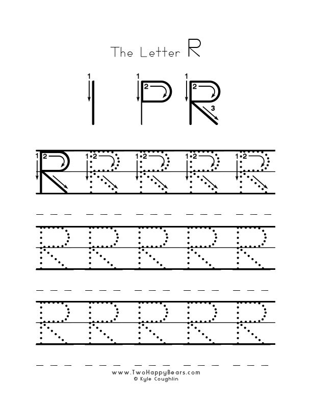 Practice worksheet for writing the letter R, upper case, with several connect the dots examples to trace, in free printable PDF format.