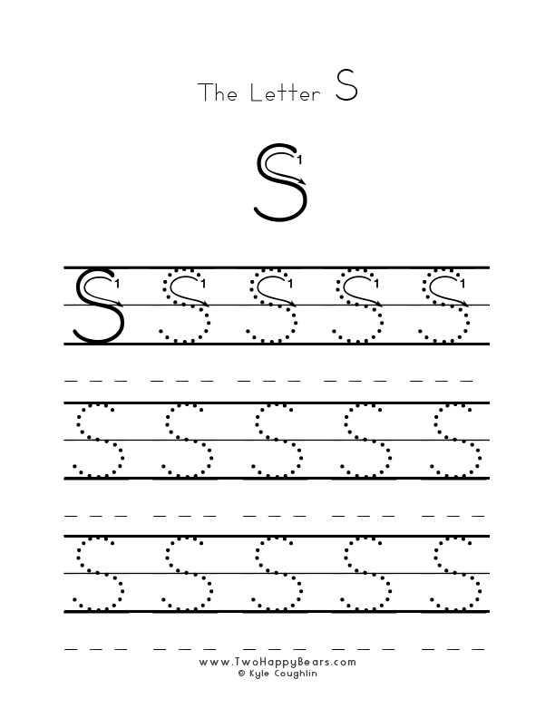 Several guided examples of the letter S in uppercase to trace for practice.