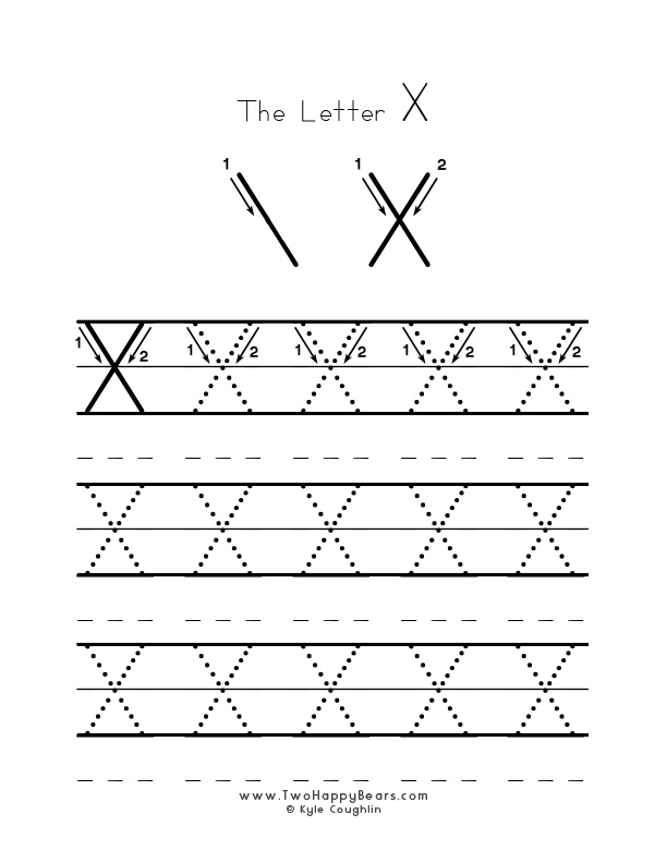 Practice worksheet for writing the letter X, upper case, with several connect the dots examples to trace, in free printable PDF format.