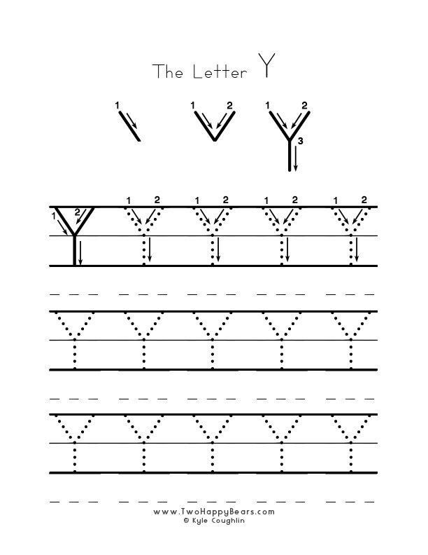 Practice worksheet for writing the letter Y, upper case, with several connect the dots examples to trace, in free printable PDF format.