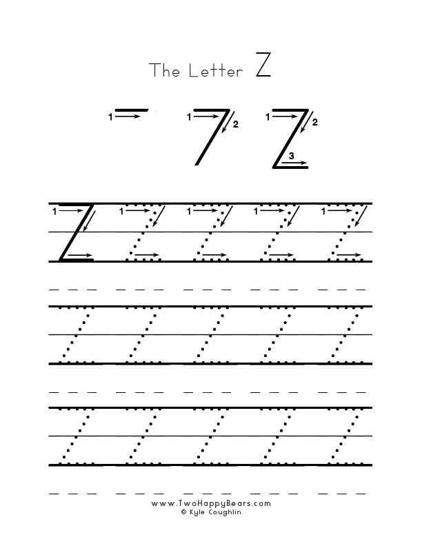 Practice worksheet for writing the letter Z, upper case, with several connect the dots examples to trace, in free printable PDF format.