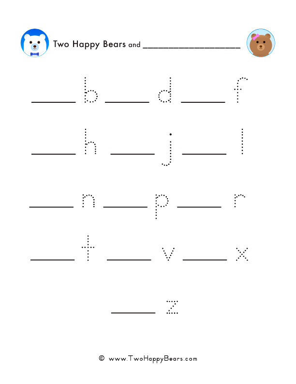 Alphabetical order fill-in-the-blank worksheet starting with letter A for lowercase letters.