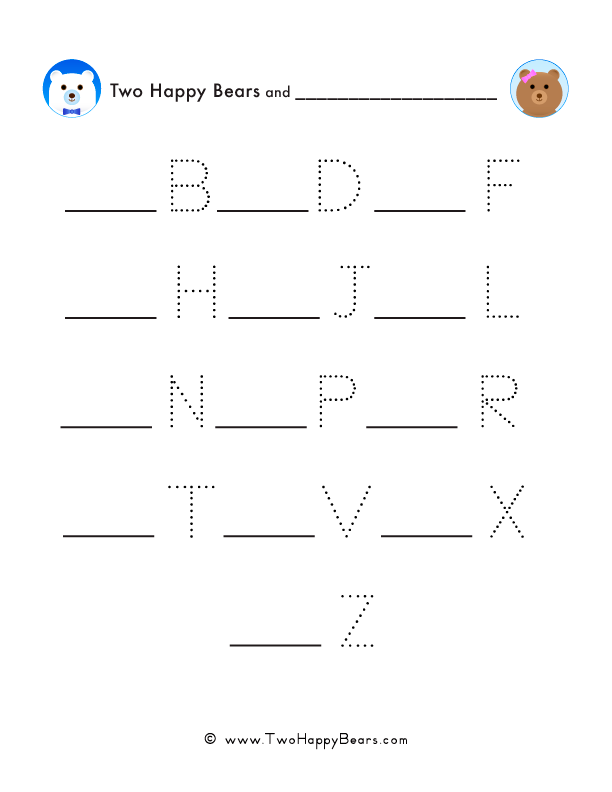 Alphabetical order fill-in-the-blank worksheet starting with letter A for uppercase letters.