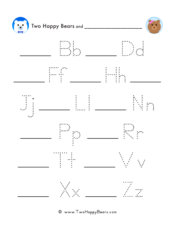 Alphabetical order fill-in-the-blank worksheet starting with letter A for uppercase and lowercase.