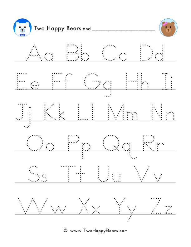 Free printable PDF to trace every letter of the alphabet in uppercase and lowercase.