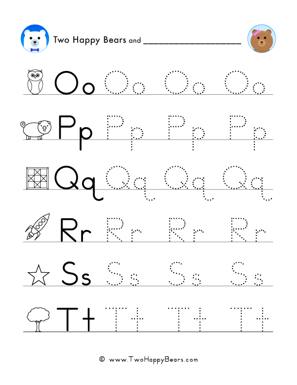 Practice tracing letters O through T in uppercase and lowercase, with pictures for each letter.