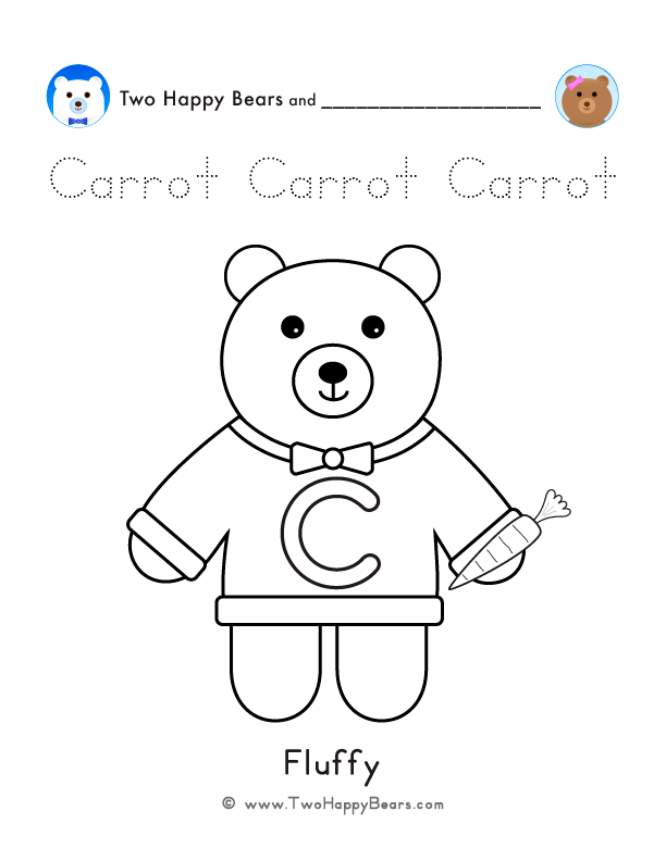 Color the letter C sweater with Fluffy, of the Two Happy Bears, holding a carrot. Also trace the word Carrot.