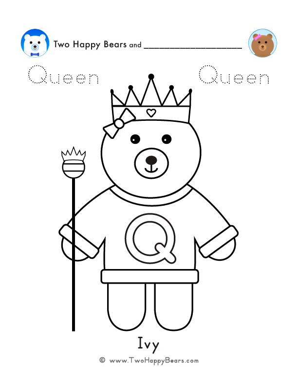 Color the letter Q sweater with Ivy of the Two Happy Bears. Also, trace the word Queen. Free printable PDF.
