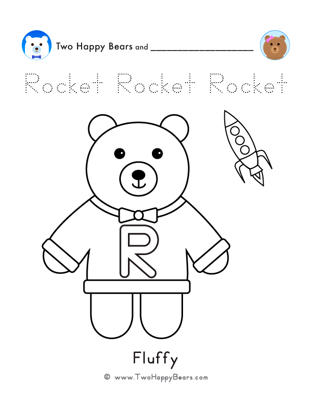 Color the letter R sweater with Fluffy of the Two Happy Bears. Also, trace the word Rocket. Free printable PDF.