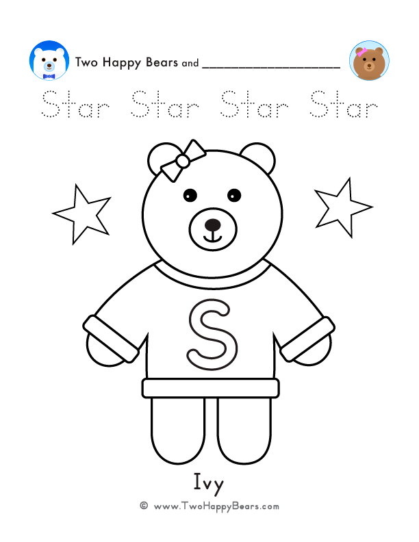 Color the letter S sweater with Ivy, of the Two Happy Bears, and stars. Also trace the word Star.