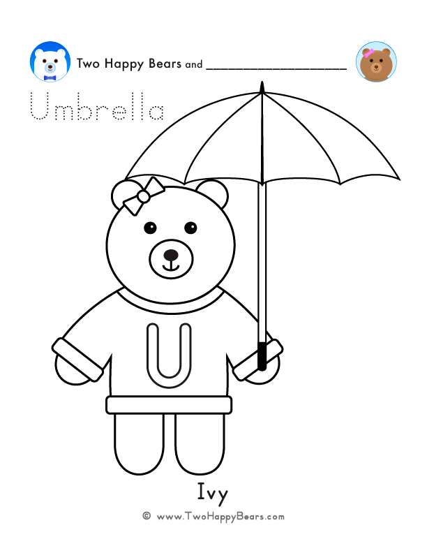 Color the letter U sweater with Ivy of the Two Happy Bears. Also, trace the word Umbrella. Free printable PDF.