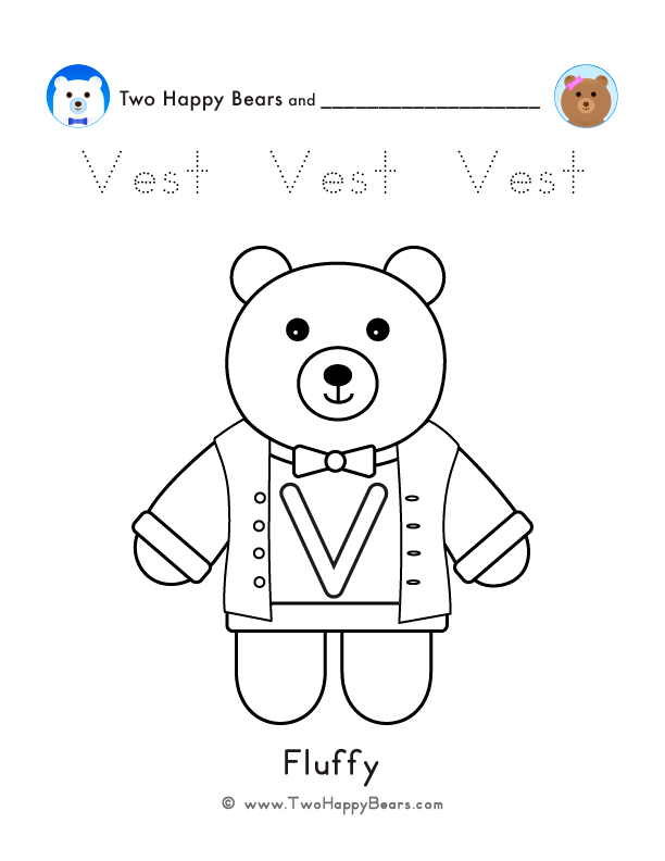Color the letter V sweater with Fluffy of the Two Happy Bears. Also, trace the word Vest. Free printable PDF.