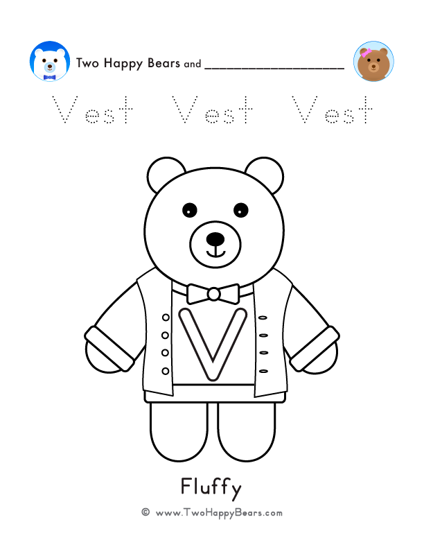 Letter V Sweater. Color the Two Happy Bears wearing sweaters with letters. Free printable PDF.