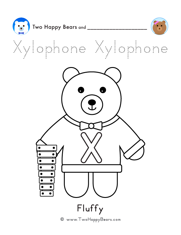 Color the letter X sweater with Fluffy, of the Two Happy Bears, holding a xylophone. Also trace the word Xylophone.
