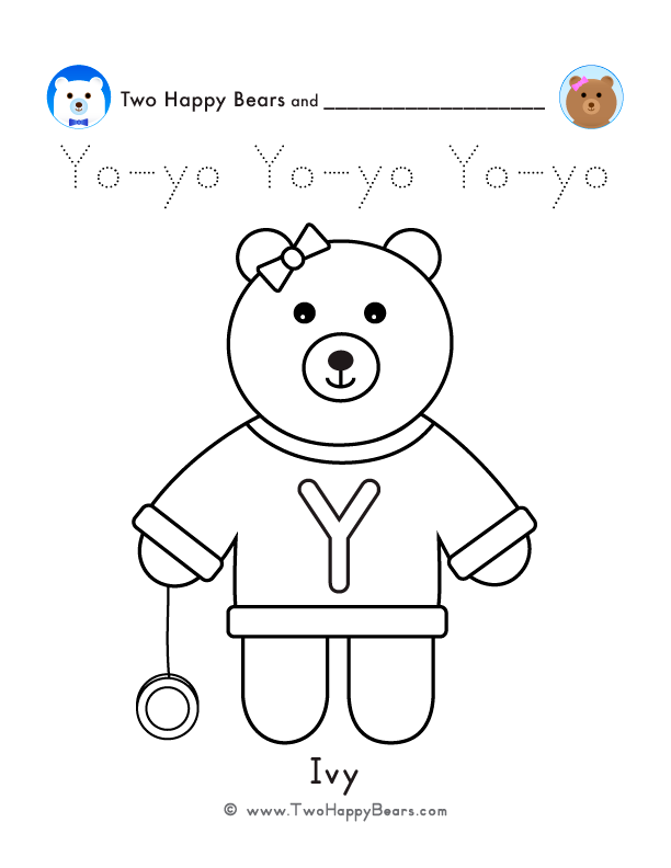 Color the letter Y sweater with Ivy, of the Two Happy Bears, playin with a yo-yo. Also trace the word Yo-yo.