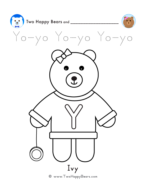 Color the letter Y sweater with Ivy of the Two Happy Bears. Also, trace the word Yo-yo. Free printable PDF.