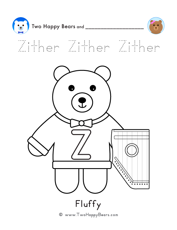 Color the letter Z sweater with Fluffy, of the Two Happy Bears, holding a zither. Also trace the word Zither.