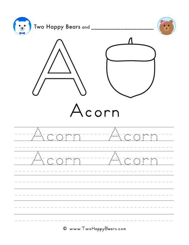 Free printable sheet for tracing and writing the word acorn, and a picture of an acorn to color.
