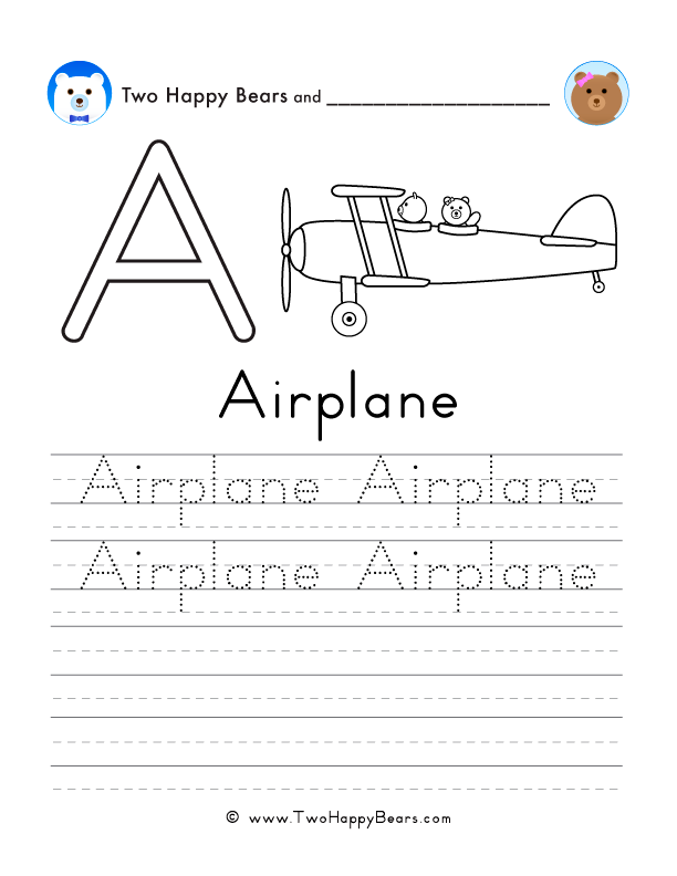 Free printable sheet for tracing and writing the word airplane, and a picture of an airplane to color.