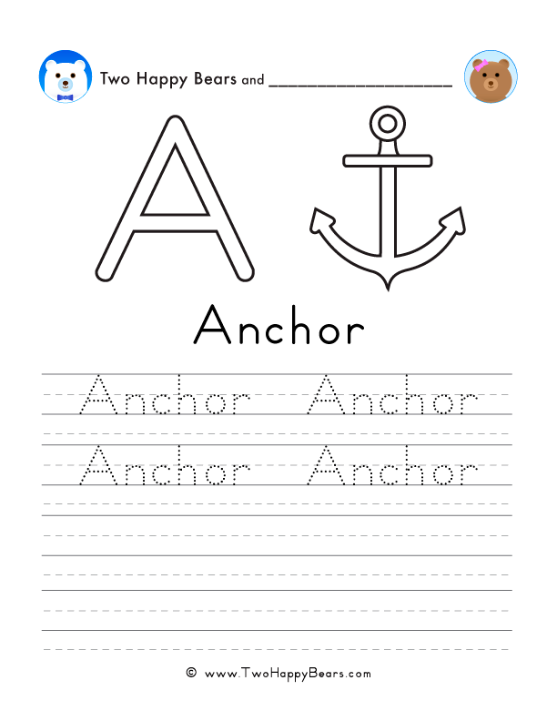 Free printable sheet for tracing and writing the word anchor, and a picture of an anchor to color.