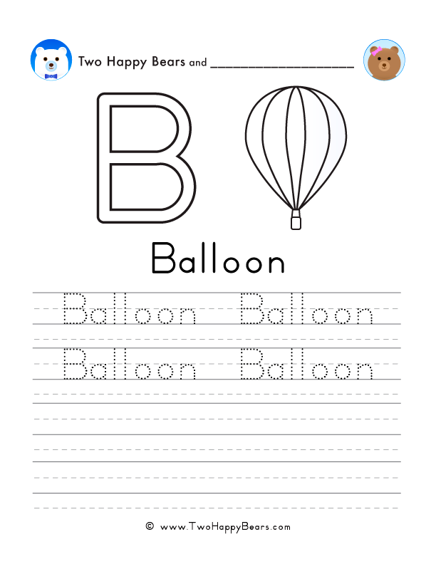 Free printable sheet for tracing and writing the word balloon, and a picture of a balloon to color.
